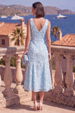 Robe midi fleurie midi bleue en V ligne A avec perles