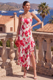 Robe midi plissée à volants plissés fleur rouge rose rouge en ligne en A, avec fente
