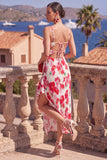 Robe midi plissée à volants plissés fleur rouge rose rouge en ligne en A, avec fente