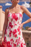 Robe midi plissée à volants plissés fleur rouge rose rouge en ligne en A, avec fente