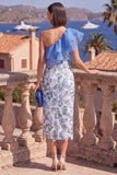Robe midi midi à volants bleu bodycon une épaule et fente