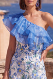 Robe midi midi à volants bleu bodycon une épaule et fente