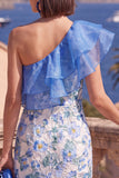 Robe midi midi à volants bleu bodycon une épaule et fente