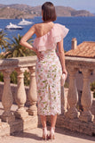 Robe midi midi à volants bleu bodycon une épaule et fente