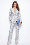 Costumes féminins 2 pièces en forme de revers de fleurs bleues Peak Jacquard One Button