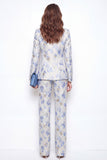 Costumes féminins 2 pièces en forme de revers de fleurs bleues Peak Jacquard One Button