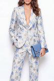 Costumes féminins 2 pièces en forme de revers de fleurs bleues Peak Jacquard One Button