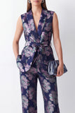 Costumes de revers en châle 2 pièces marine Jacquard avec ceinture