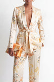 Costumes féminins en satin fleuri en satin en satin deux pièces deux pièces avec ceinture