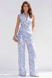 Costumes féminins Jacquard fleuris Jacquard en châle bleu 2 pièces à revers d’un bouton