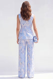 Costumes féminins Jacquard fleuris Jacquard en châle bleu 2 pièces à revers d’un bouton