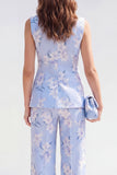 Costumes féminins Jacquard fleuris Jacquard en châle bleu 2 pièces à revers d’un bouton