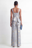 Costumes Jacquard à manche carré gris, bleu à volants en deux pièces,