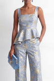 Costumes Jacquard à manche carré gris, bleu à volants en deux pièces,