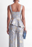 Costumes Jacquard à manche carré gris, bleu à volants en deux pièces,