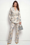 Fleurs gris-bleu, costumes double boutonnage en satin à revers pointu en satin avec ceinture