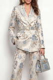 Fleurs gris-bleu, costumes double boutonnage en satin à revers pointu en satin avec ceinture