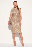Robe de travail midi à paillettes bodycon dorée dorée avec fente