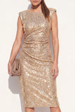 Robe de travail midi à paillettes bodycon dorée dorée avec fente