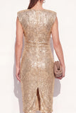 Robe de travail midi à paillettes bodycon dorée dorée avec fente