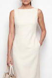 Robe de travail midi bodycon bodycon en ivoire avec col bateau et fente