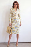 Robe de travail Jacquard à simple boutonnage en deux pièces fleur jaune à revers point, fendue
