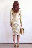 Robe de travail Jacquard à simple boutonnage en deux pièces fleur jaune à revers point, fendue