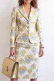 Robe de travail Jacquard à simple boutonnage en deux pièces fleur jaune à revers point, fendue
