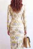 Robe de travail Jacquard à simple boutonnage en deux pièces fleur jaune à revers point, fendue