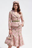 Robe de travail Midi Jacquard à boutonnage simple boutonné en deux pièces en deux pièces en fleurs vertes roses avec ceinture