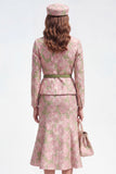 Robe de travail Midi Jacquard à boutonnage simple boutonné en deux pièces en deux pièces en fleurs vertes roses avec ceinture
