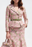 Robe de travail Midi Jacquard à boutonnage simple boutonné en deux pièces en deux pièces en fleurs vertes roses avec ceinture