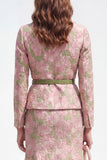 Robe de travail Midi Jacquard à boutonnage simple boutonné en deux pièces en deux pièces en fleurs vertes roses avec ceinture
