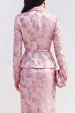 Robe midi midi en satin fleur fuchsia rose 2 pièces à revers point, fendue