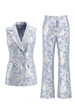Costumes féminins double boutonnage fleuri bleu poussiéreux à revers pointu