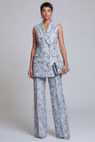 Costumes féminins double boutonnage fleuri bleu poussiéreux à revers pointu