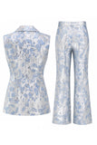 Costumes féminins double boutonnage fleuri bleu poussiéreux à revers pointu