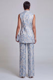Costumes féminins double boutonnage fleuri bleu poussiéreux à revers pointu