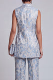 Costumes féminins double boutonnage fleuri bleu poussiéreux à revers pointu