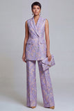 Costumes féminins double boutonnage fleuri bleu poussiéreux à revers pointu