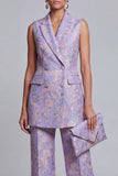 Costumes féminins double boutonnage fleuri bleu poussiéreux à revers pointu