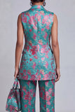 Costumes féminins double boutonnage fleuri bleu poussiéreux à revers pointu