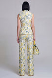 Costumes féminins à revers de la pointe en deux pièces Jacquard Floral Grey Blue