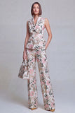 Costumes féminins à revers de la pointe en deux pièces Jacquard Floral Grey Blue