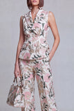 Costumes féminins à revers de la pointe en deux pièces Jacquard Floral Grey Blue