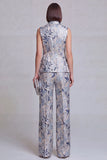 Costumes féminins à revers de la pointe en deux pièces Jacquard Floral Grey Blue