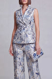 Costumes féminins à revers de la pointe en deux pièces Jacquard Floral Grey Blue