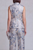 Costumes féminins à revers de la pointe en deux pièces Jacquard Floral Grey Blue