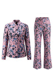 Costumes féminins à fleurs slim en deux pièces verts ouverts