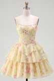 Corset jaune sans bretelles A-Line Robe de bal à étages floraux